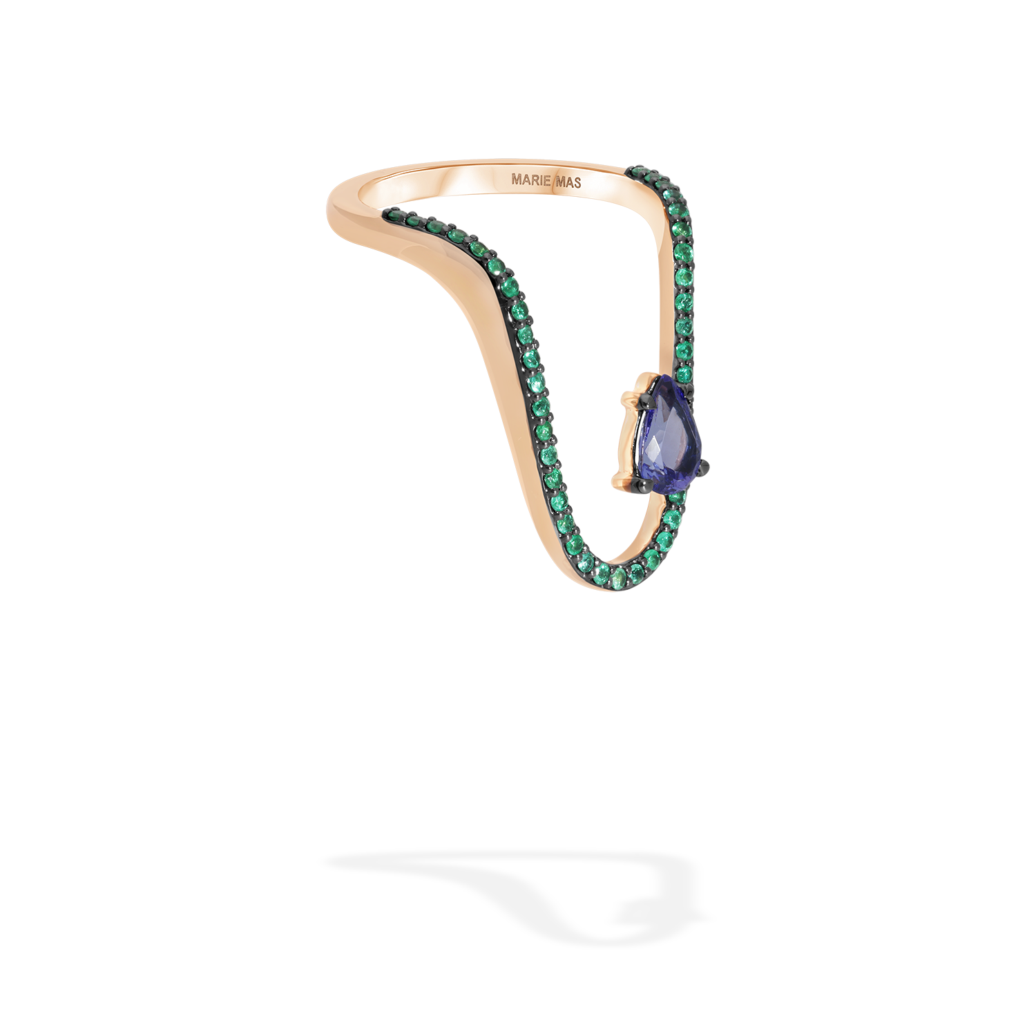 Radiant ring in 18k gold with emerald and pear-shaped tanzanite - Fine jewelry by MARIE MAS