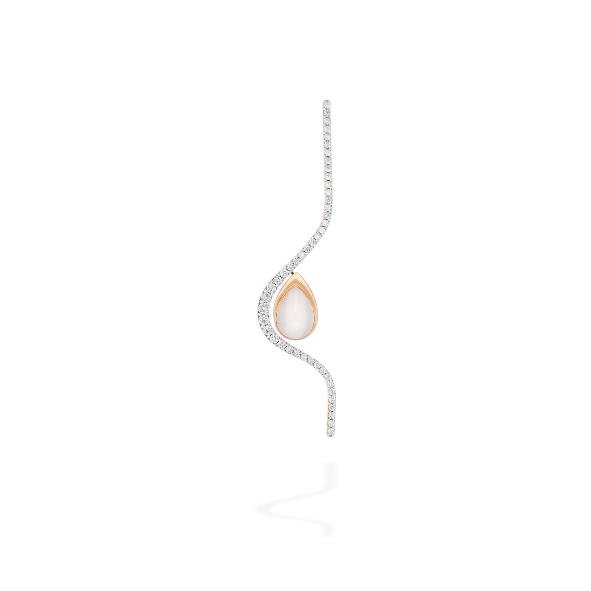 Transformable brooch-earrings. The set is composed of two pieces : a long undulating diamonds line and a drop set with pear-shape white moonstone. They can be worn detached or attached as here. They are crafted in 18k rose gold.