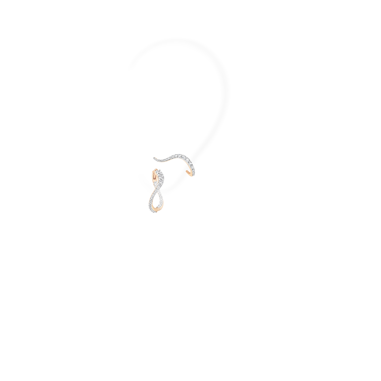 A set composed of a hoop earring and an earring. The fine jewelry pieces are crafted in 18k rose gold and set with natural diamonds.
