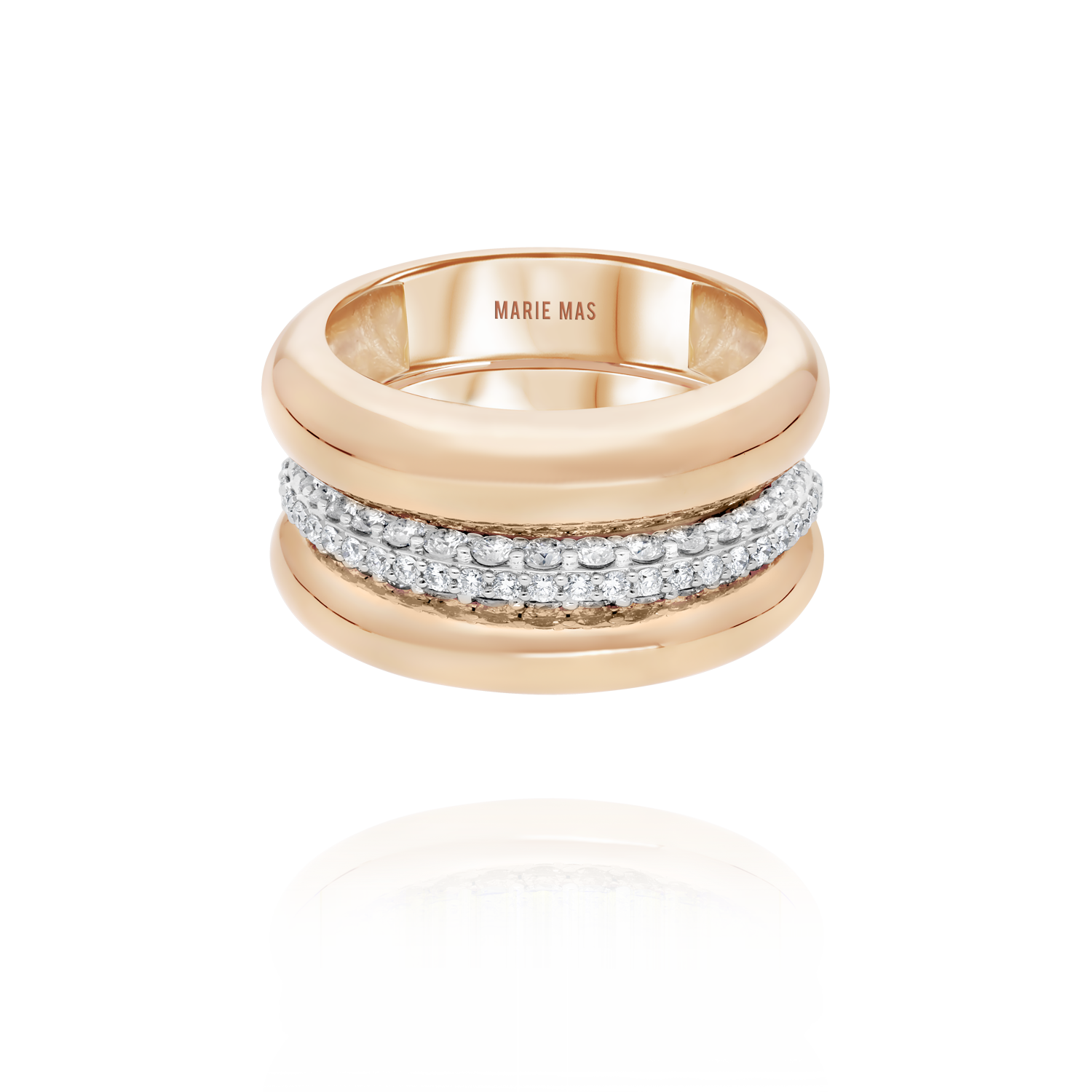 Double dome U ring & Paved dome I ring | Or Rose & diamants