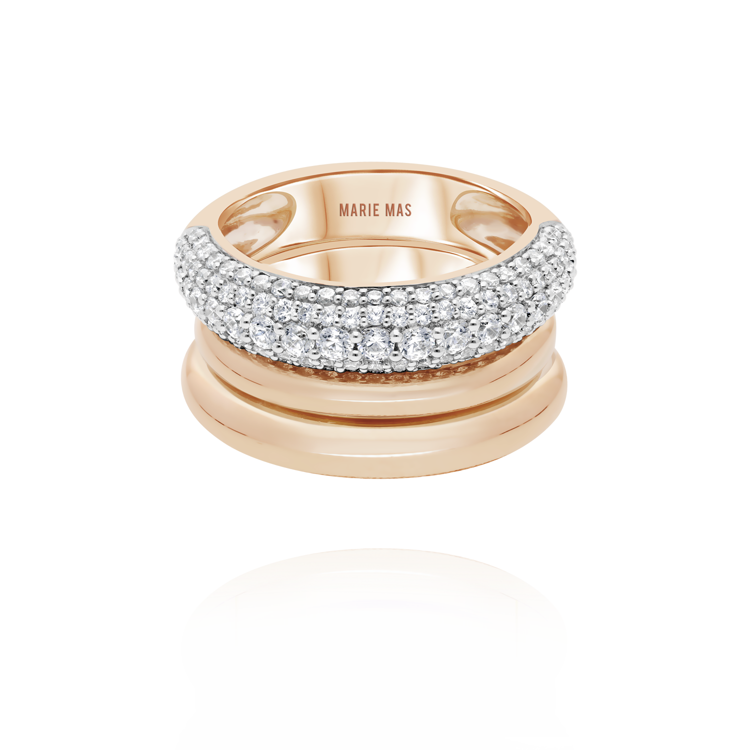 Double dome U ring half paved & Dome I ring | Or Rose & diamants