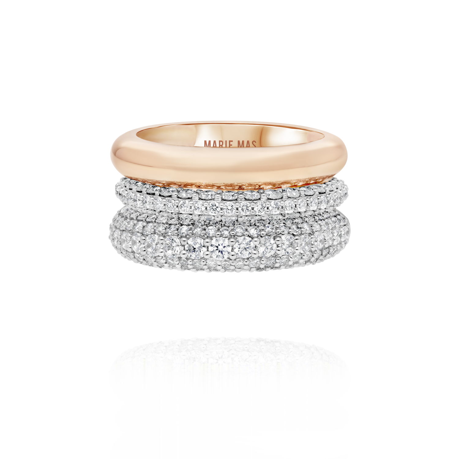 Double dome U ring half paved & Paved dome I ring | Or Rose & diamants