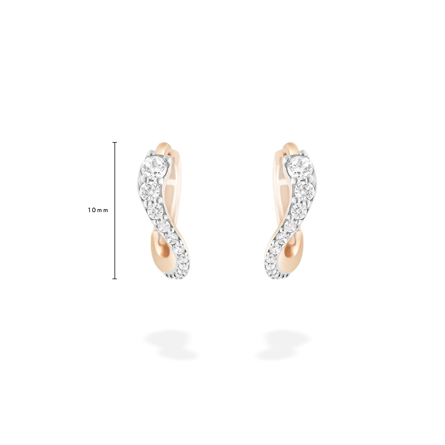 A pair of mini hoop earrings presented here from face with measure. These pieces is crafted in 18k rose gold and set with natural diamonds. These jewels and its undulations are inspired by the Caustics, the luminous phemonem of light meeting water.