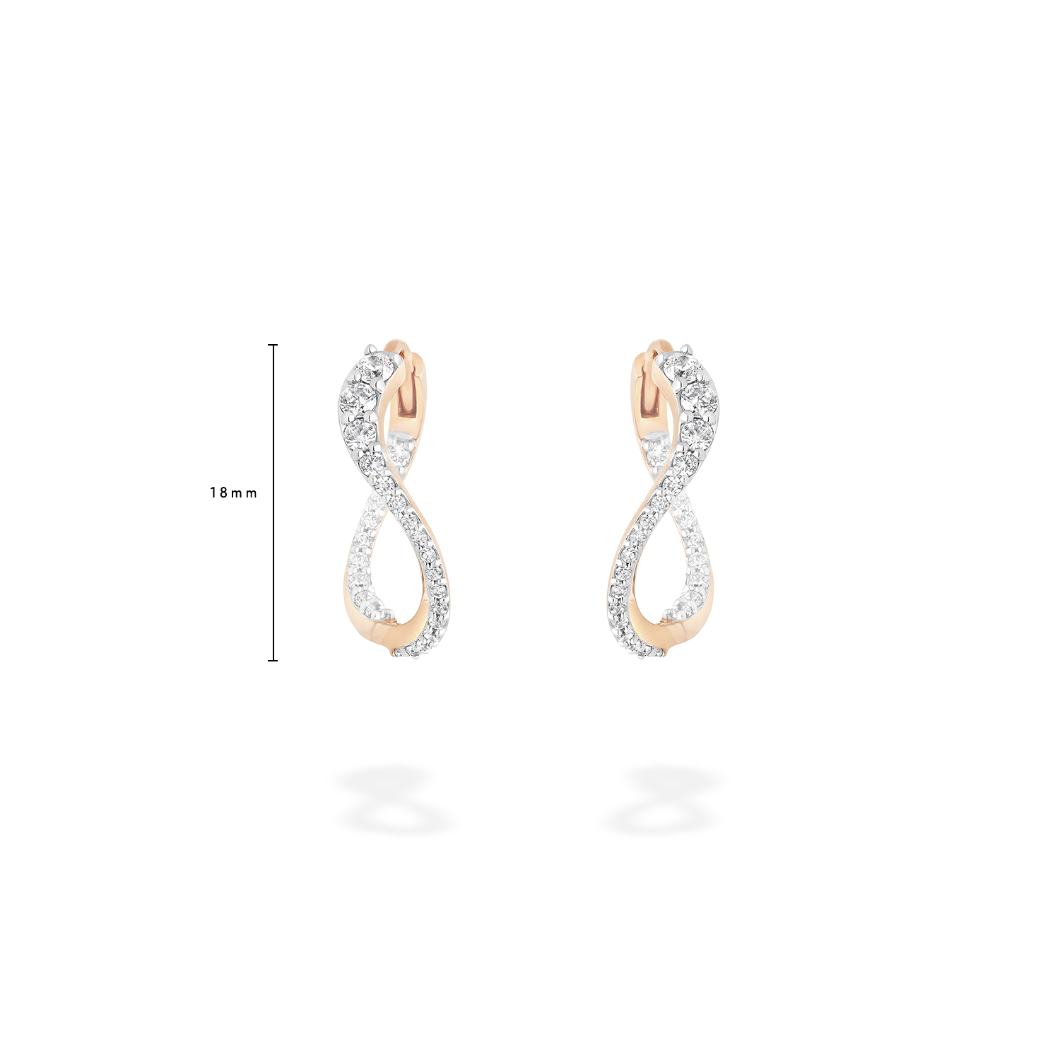 A pair of undulating hoop earrings presented here from face with measure. This piece is crafted in 18k rose gold and set with natural diamonds. This jewel and its undulations are inspired by the Caustics, the luminous phemonem of light meeting water.