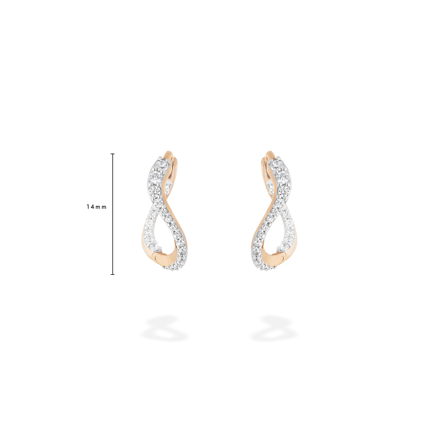 A pair of petite hoop earrings presented here from face with measure. These pieces are crafted in 18k rose gold and set with natural diamonds. These jewels and their undulations are inspired by the Caustics, the luminous phemonem of light meeting water.