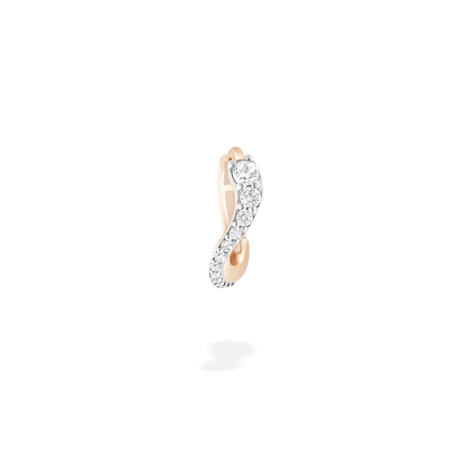 The mini hoop earring presented here from face. This piece is crafted in 18k rose gold and set with natural diamonds.