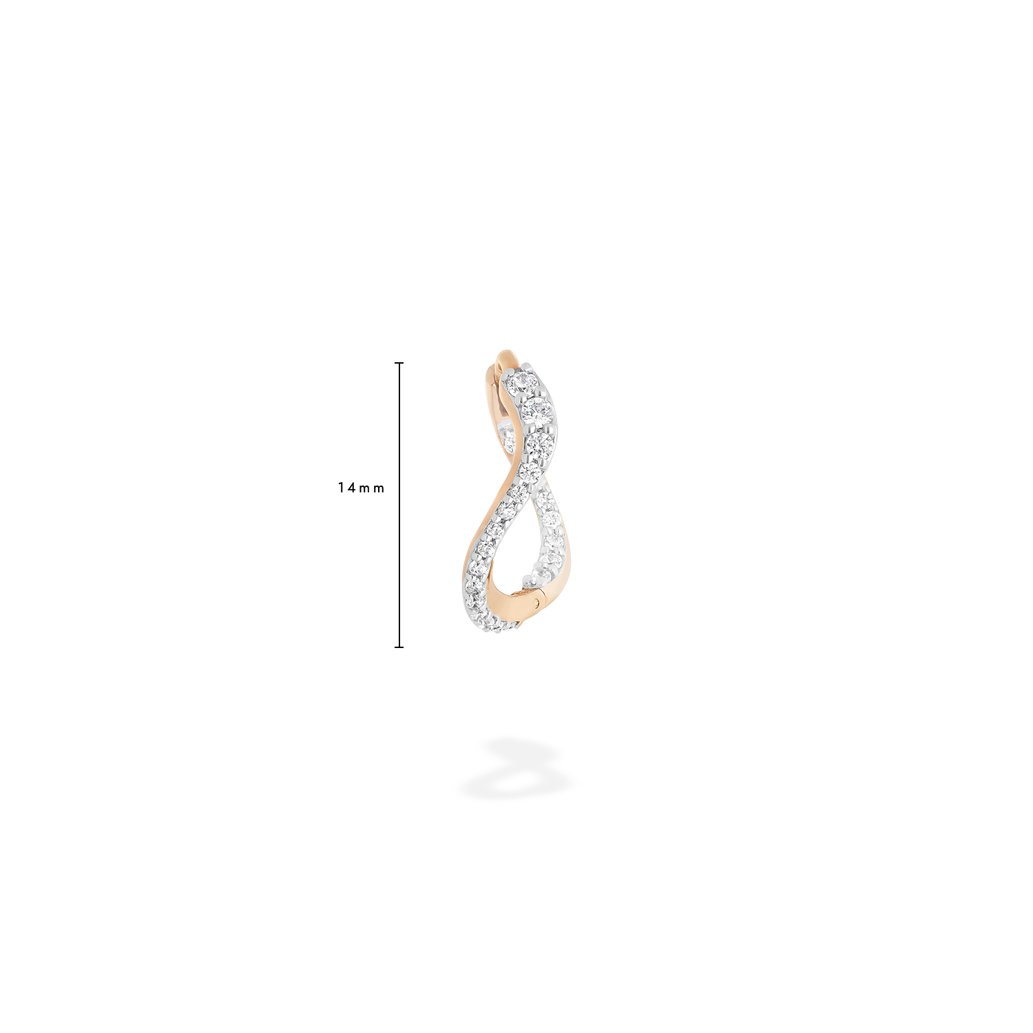 The curved hoop earring presented here from face, with measure. This piece is crafted in 18k rose gold and set with natural diamonds.