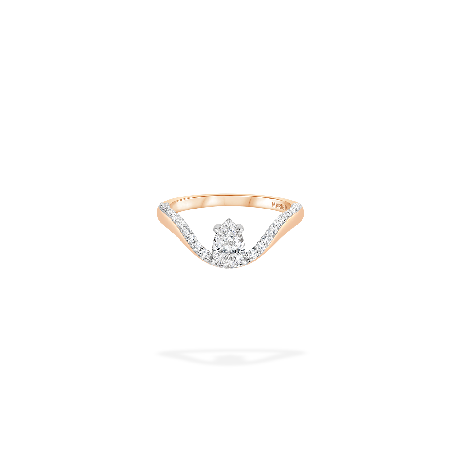 Halo ring in 18k rose gold with half pavé and 0.5 ct pear diamond - Fine jewelry by MARIE MAS