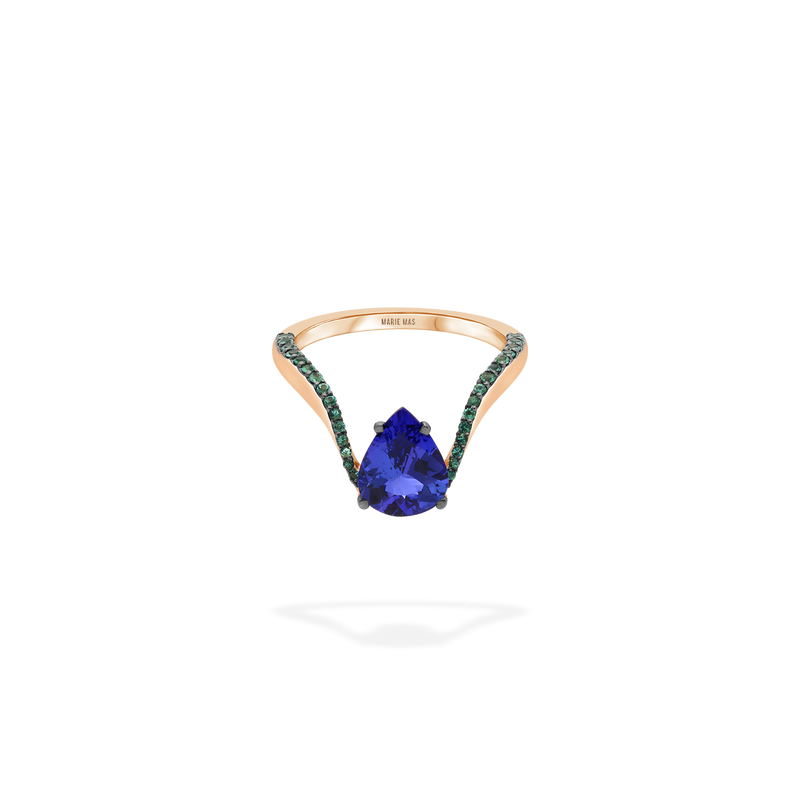 Aura Ring | Half pavé, emeralds with pear Tanzanite