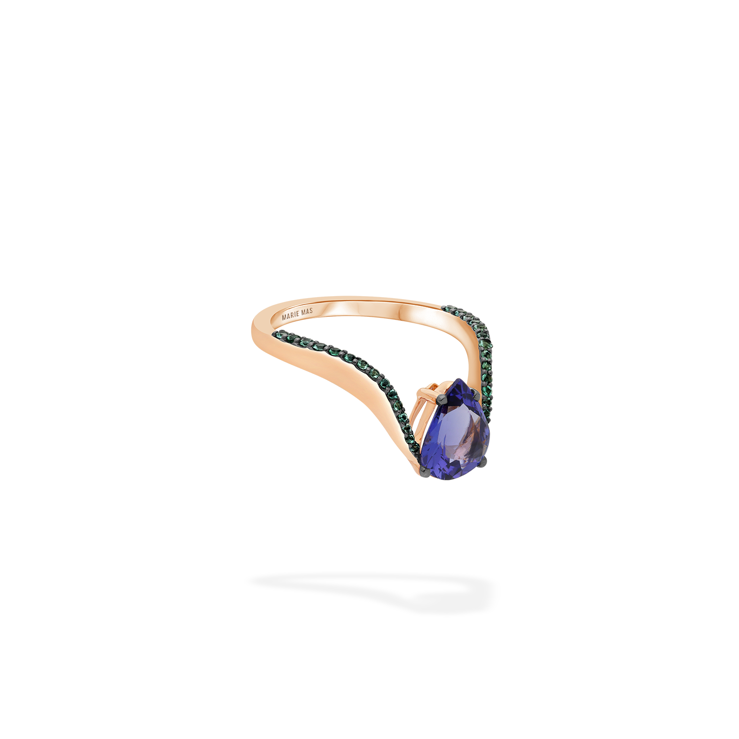 Aura Ring | Half pavé, emeralds with pear Tanzanite