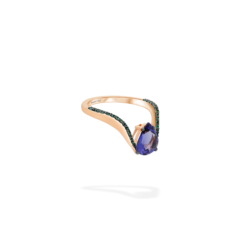 Aura Ring | Half pavé, emeralds with pear Tanzanite