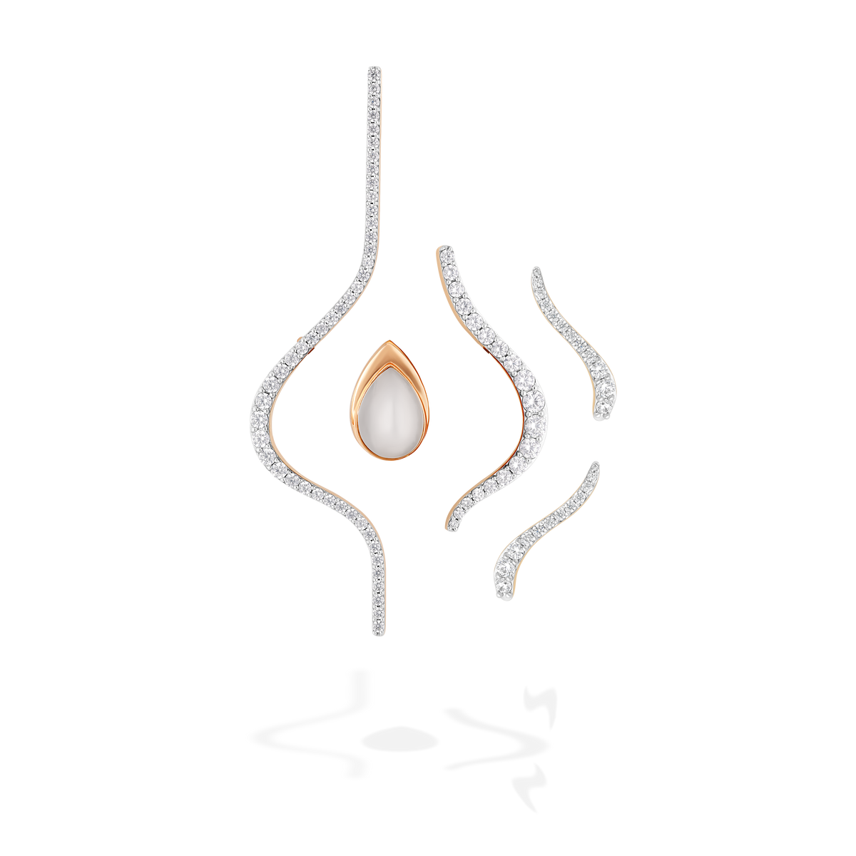 A set of transformable brooch-earrings presented as brooches. It is composed of five pieces : each can be worn as brooch or as earrings. Crafted in 18k rose gold, they are set with natural diamonds or pear white moonstone. They can be worn together or separatly.