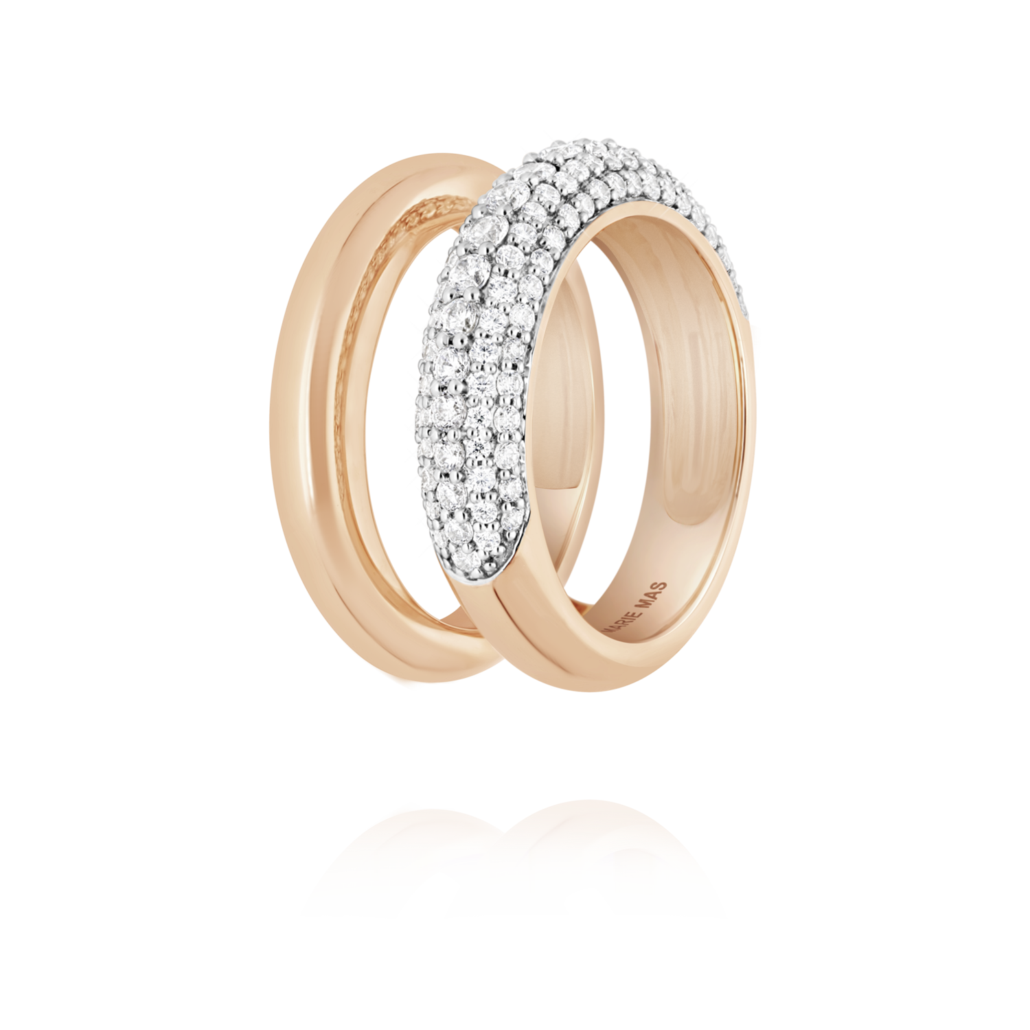 Double dome U ring half paved  & Paved dome I ring | Or Rose & diamants