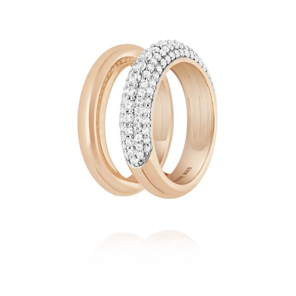 Double dome U ring half paved  & Paved dome I ring | Or Rose & diamants