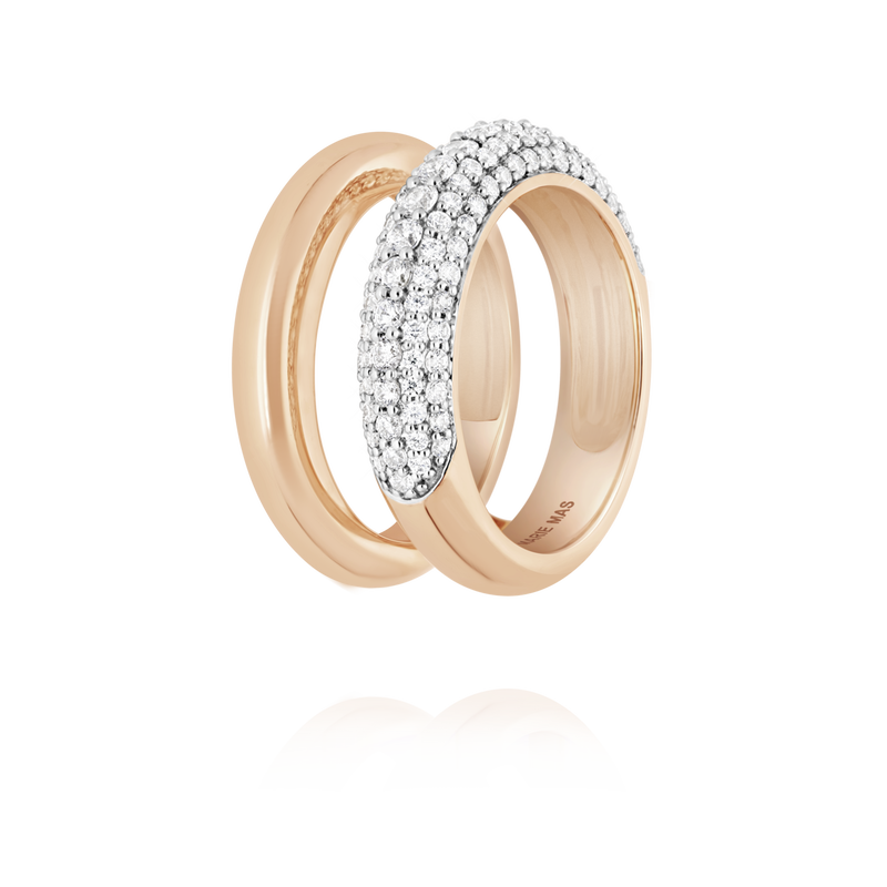 Double dome U ring Half diamond & Paved dome I ring | Rose gold