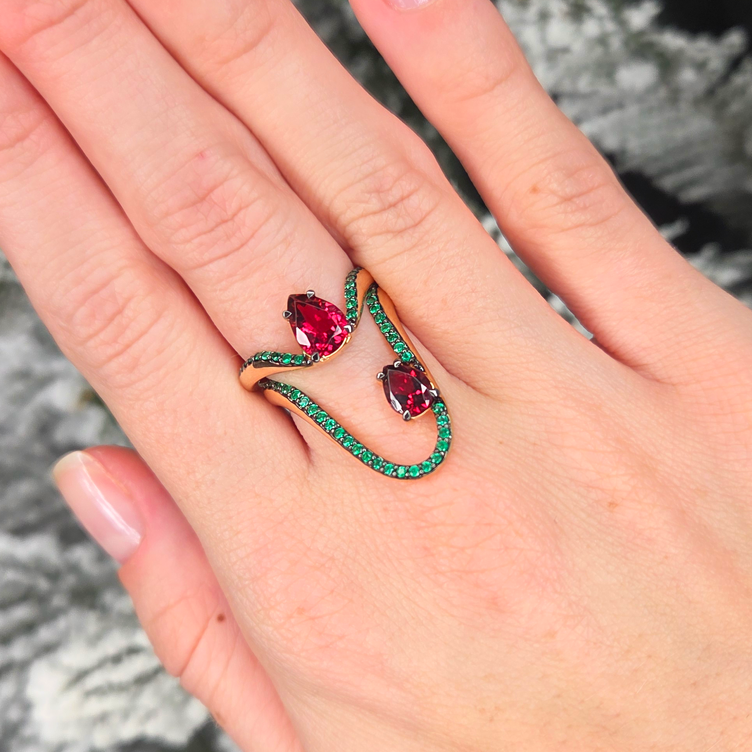Halo Ring | Half pavé Emeralds & Pear Rubellite