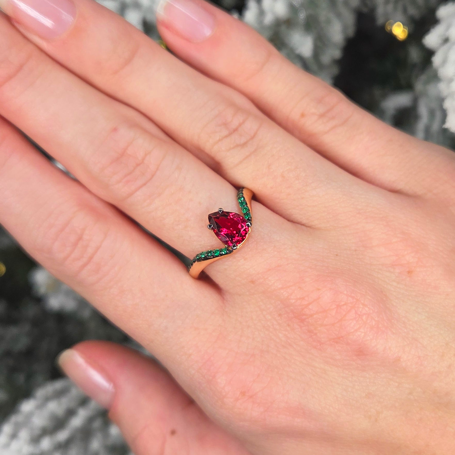 Halo Ring | Half pavé Emeralds & Pear Rubellite