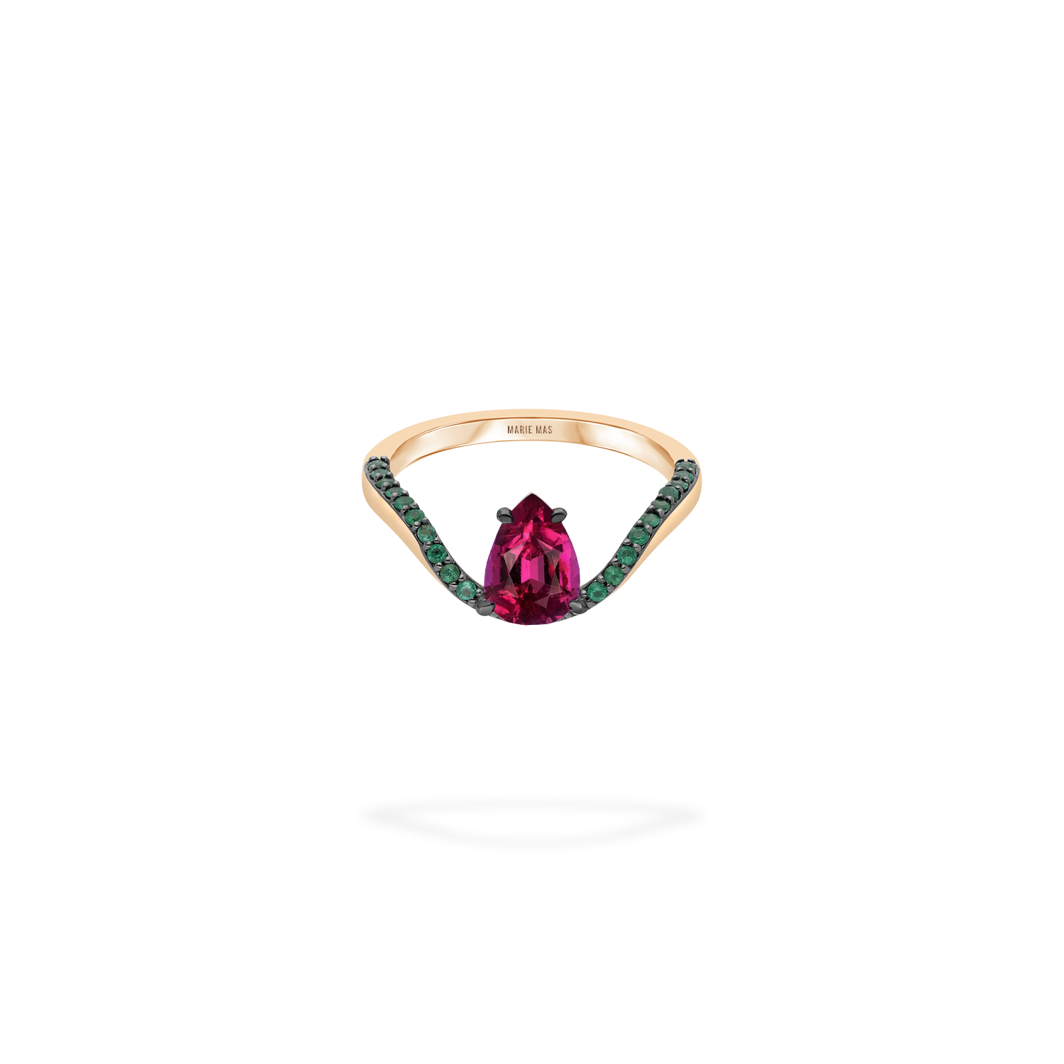 Halo Ring | Half pavé Emeralds & Pear Rubellite