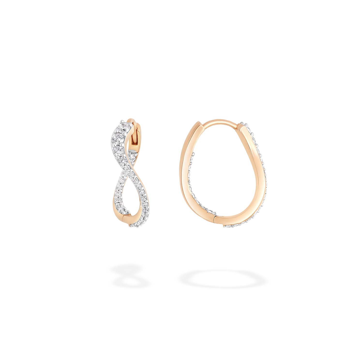 A pair of undulating hoop earrings presented here from face and in profile. This piece is crafted in 18k rose gold and set with natural diamonds. This jewel and its undulations are inspired by the Caustics, the luminous phemonem of light meeting water.