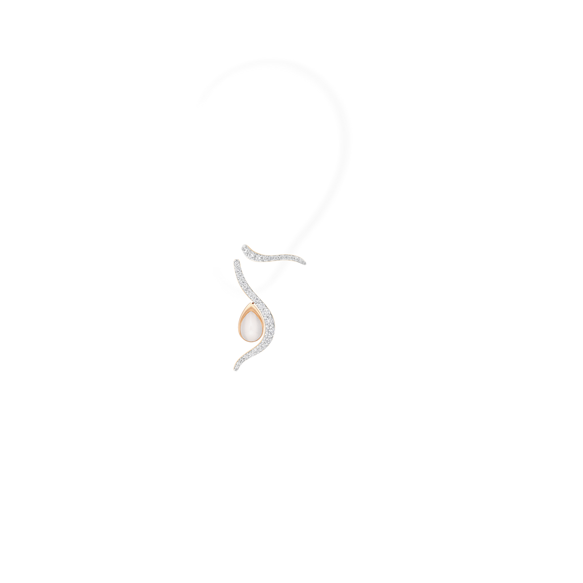 An ear set composed of thrre brooch-earrings. Crafted in 18k gold and set with natural diamonds or a white moonstone, the curves remind the water and the undulation of the Causics. Thanks to an ingenious system, the white moonstone piece can be attached to or detached from the earring to create a multitude of looks.