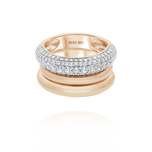 Double dome U ring half paved & Dome I ring | Or Rose & diamants