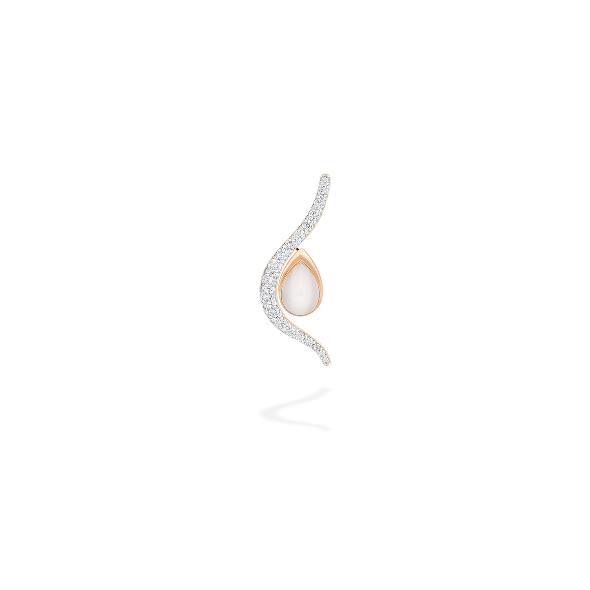 Transformable brooch-earrings : an undulating diamonds line and a drop set with pear-shape white moonstones They can be worn detached or attached as here. They are crafted in 18k rose gold.