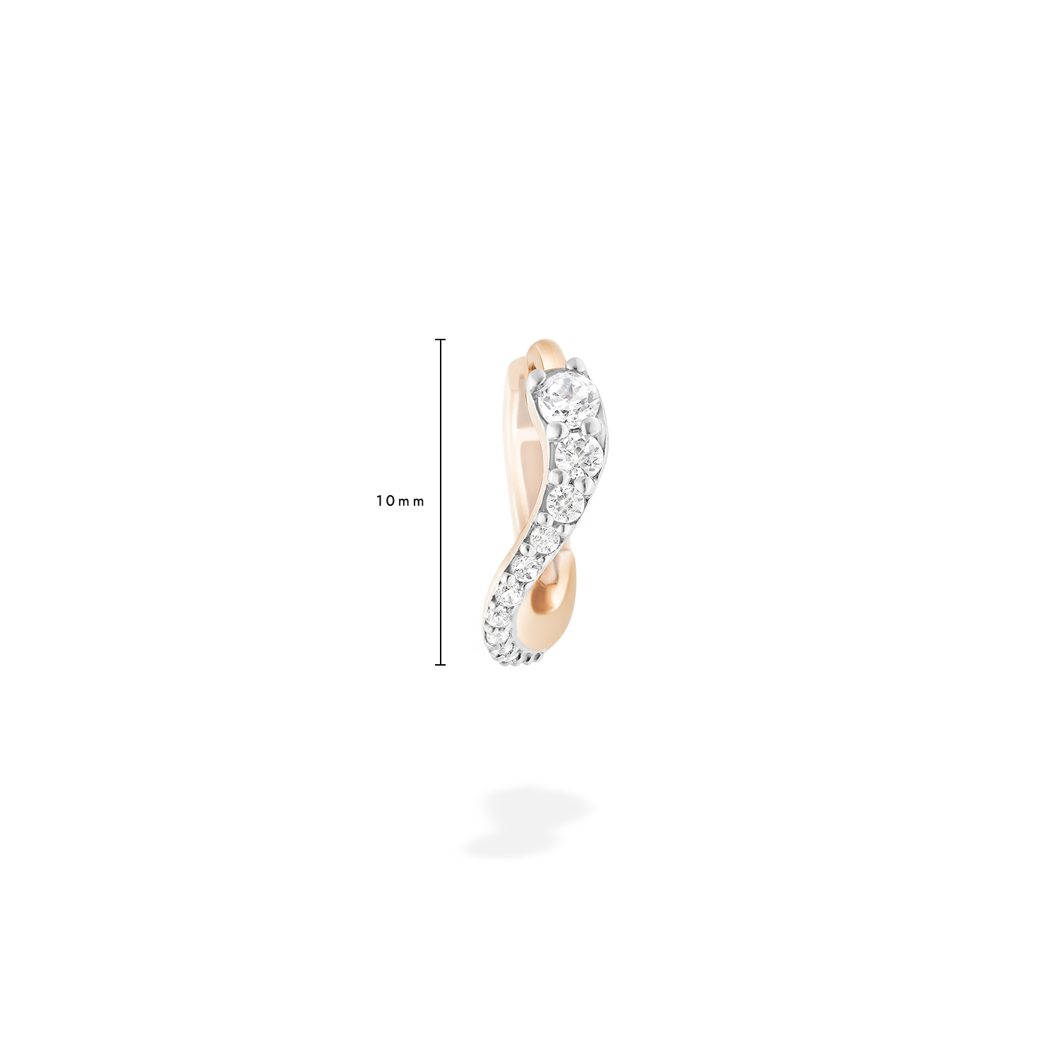 A mini hoop earring presented here from face with measure. This piece is crafted in 18k rose gold and set with natural diamonds. This jewel and its undulations are inspired by the Caustics, the luminous phemonem of light meeting water.
