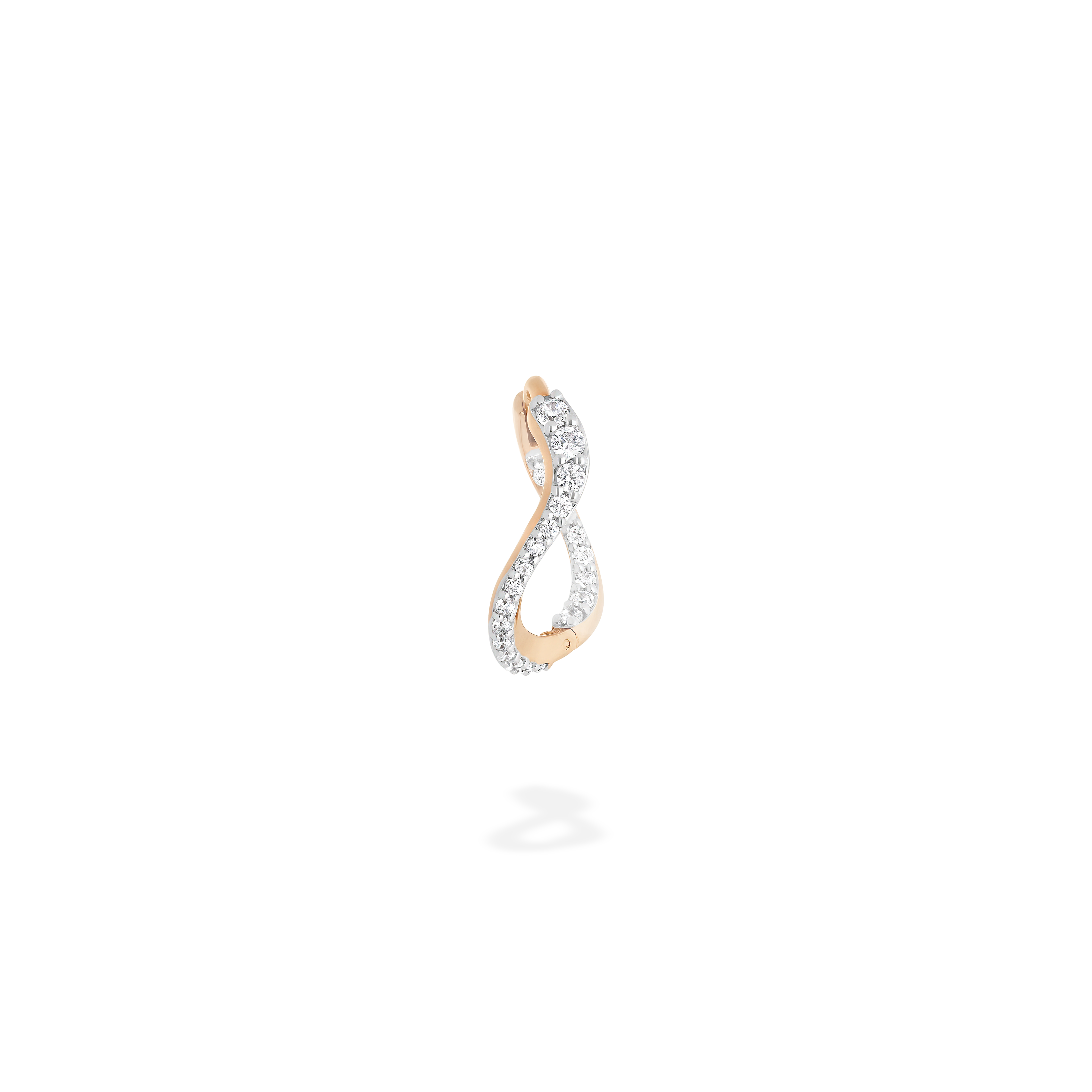 The petite hoop earring presented here from face. This piece is crafted in 18k rose gold and set with natural diamonds. This jewel and its undulations are inspired by the Caustics, the luminous phemonem of light meeting water.