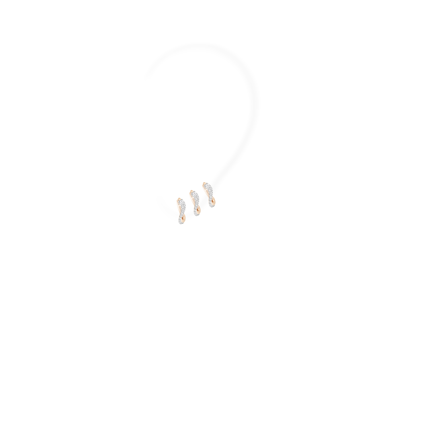 A set of three identical pieces: mini hoop earrings set with natural diamonds and crafted in 18k rose gold. They follow the earlobe and their curves permit to highlight this bodypart with elegance.