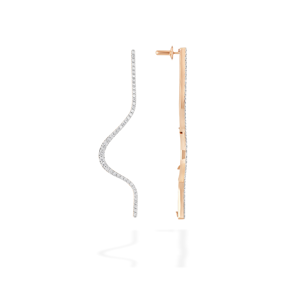 A pair of transformable jewel brooch-earrings featuring an ingenious mechanism that allows the posts to retract or extend, ensuring a secure and comfortable wear whether styled on the ear or as a brooch. These fine jewelry pieces are crafted in 18k gold and set with natural diamonds. Its curves evoke caustic light, where water and light meet.